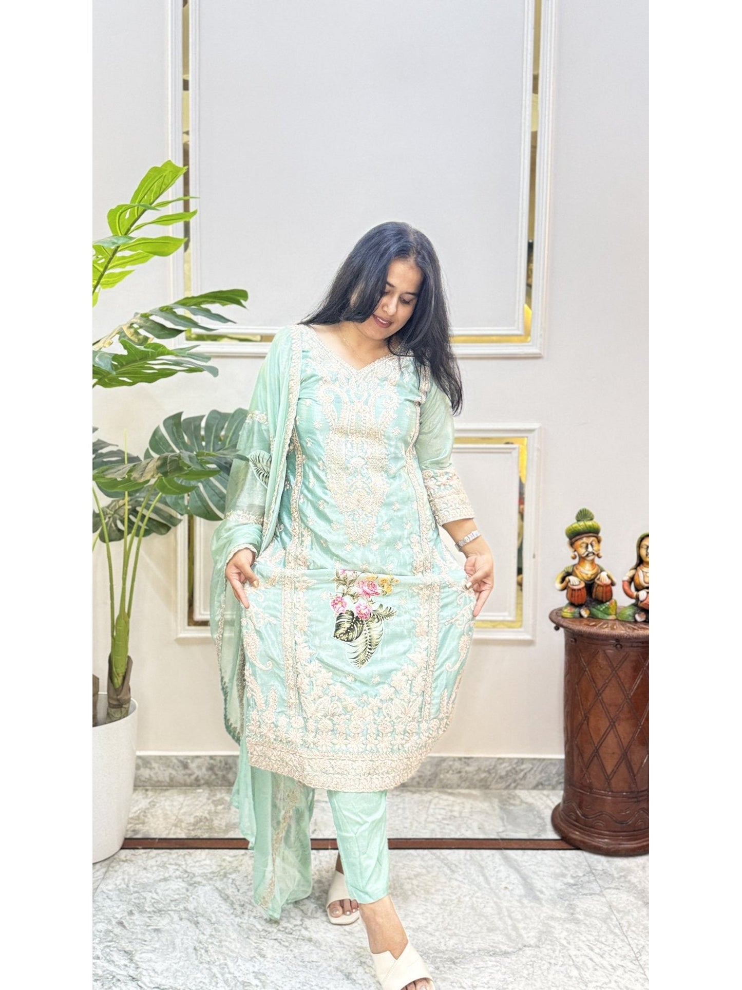 Mint Green Embroidered Kurta Set - Brisora, view 3 of 6