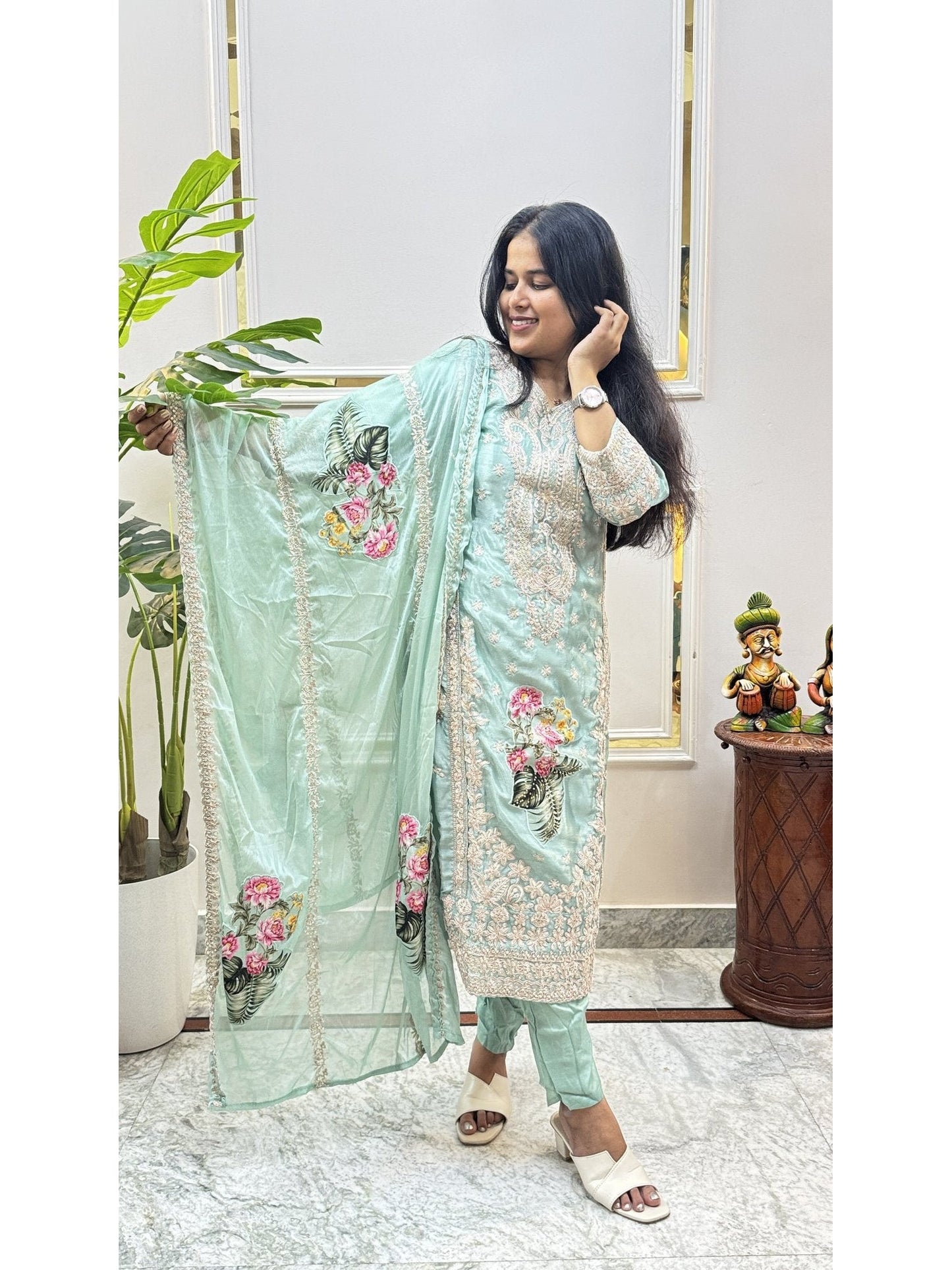 Mint Green Embroidered Kurta Set - Brisora, view 4 of 6