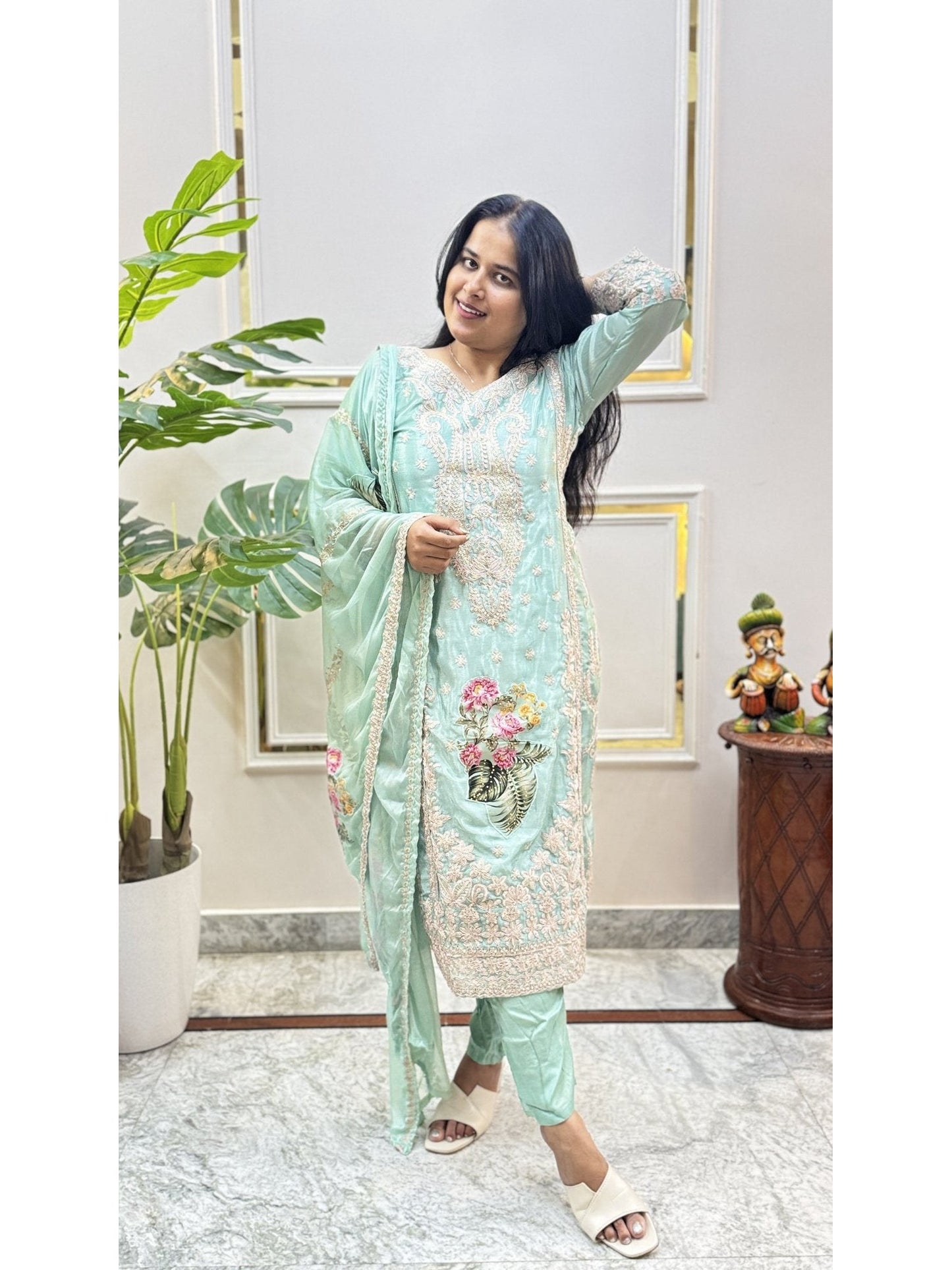 Mint Green Embroidered Kurta Set - Brisora, view 5 of 6