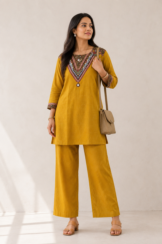 Mustard Mirror Work Kurti Set - view 1