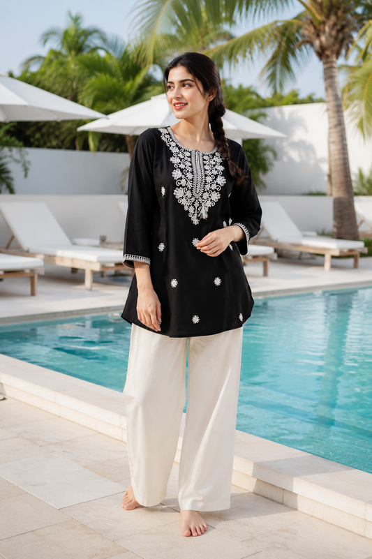 Navy Chikankari Embroidered Kurti Set - view 1
