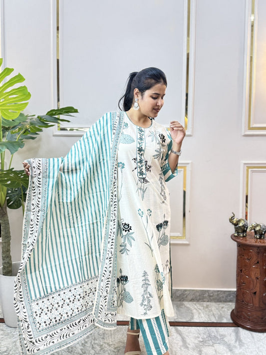 Off-White Floral Block Print Cotton Kurta Set - Brisora, view 1 of 6
