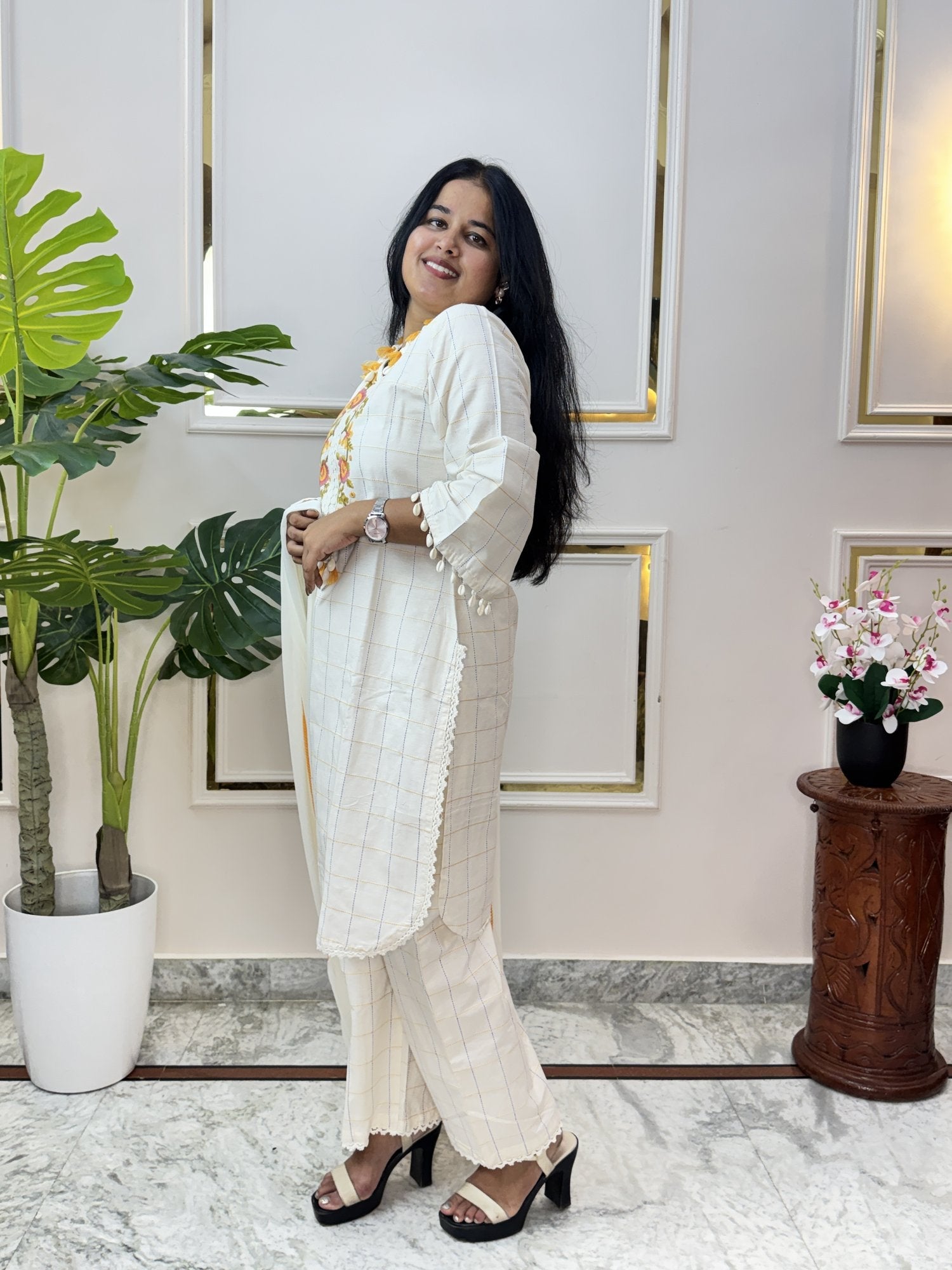 Off-White Self-Check Cotton Kurta Set with Floral Embroidery - Brisora, view 1 of 10