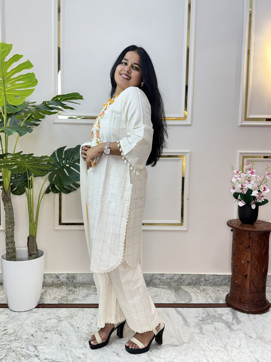 Off-White Self-Check Cotton Kurta Set with Floral Embroidery - Brisora, view 1 of 10