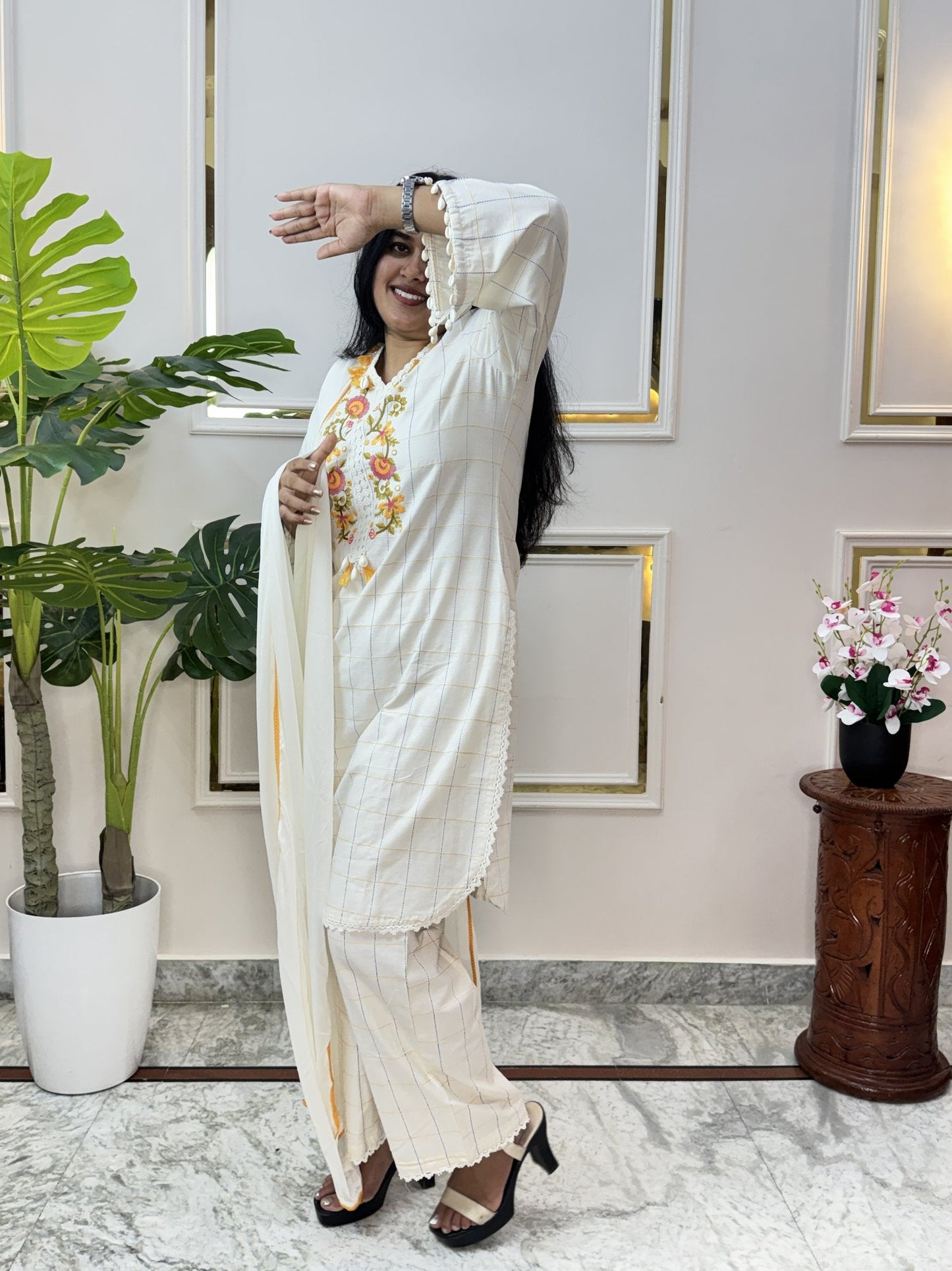 Off-White Self-Check Cotton Kurta Set with Floral Embroidery - Brisora, view 2 of 10