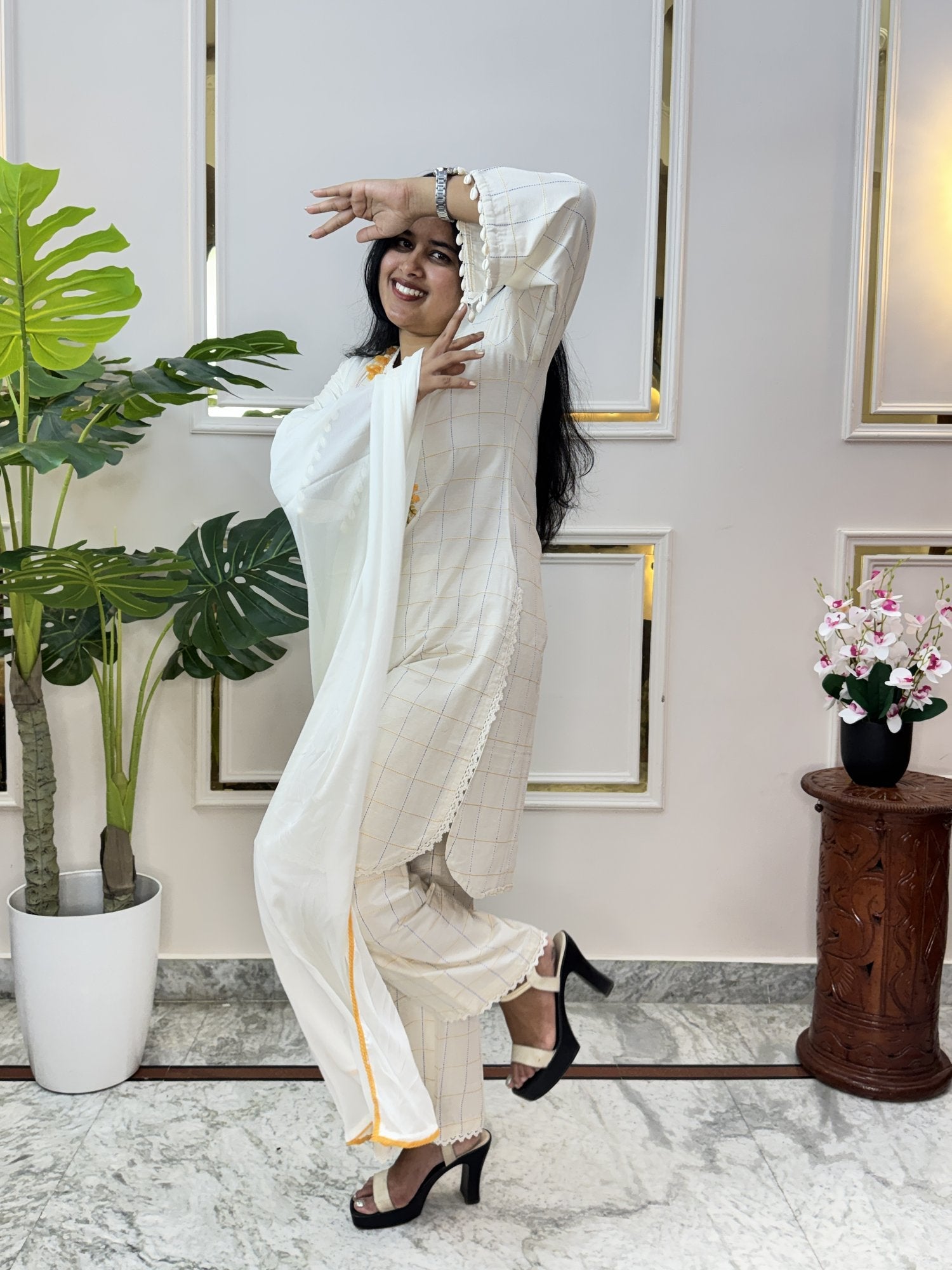 Off-White Self-Check Cotton Kurta Set with Floral Embroidery - Brisora, view 3 of 10