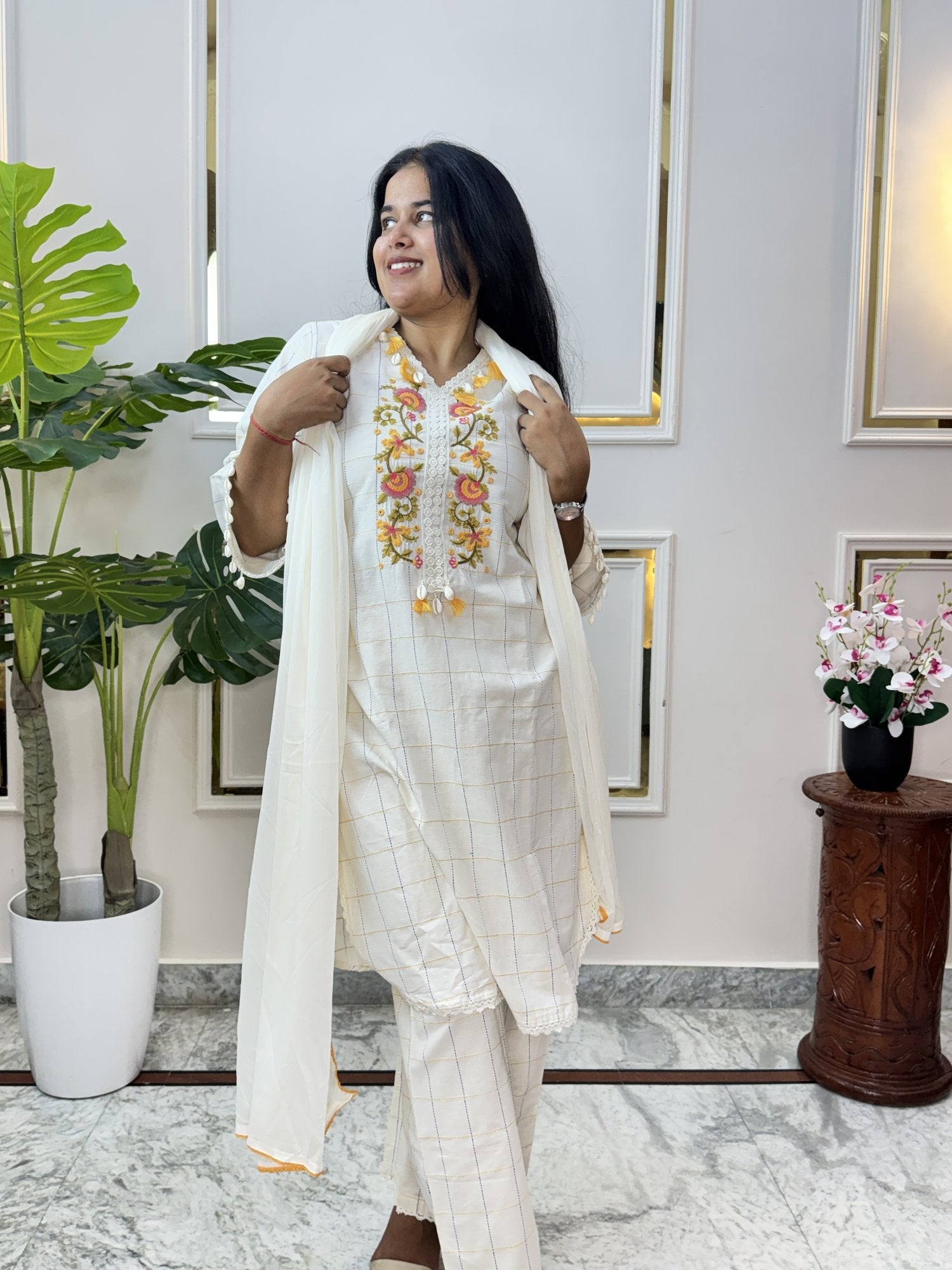 Off-White Self-Check Cotton Kurta Set with Floral Embroidery - Brisora, view 6 of 10