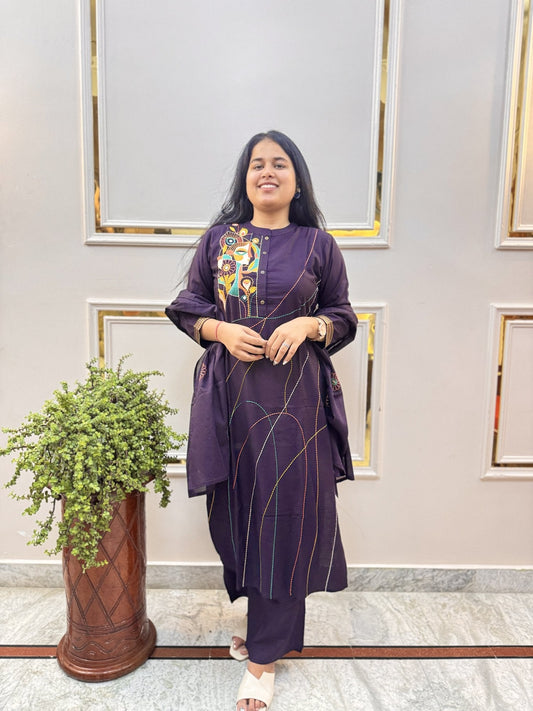 Off-White Self-Check Cotton Kurta Set with Dupatta - Brisora, view 1 of 8