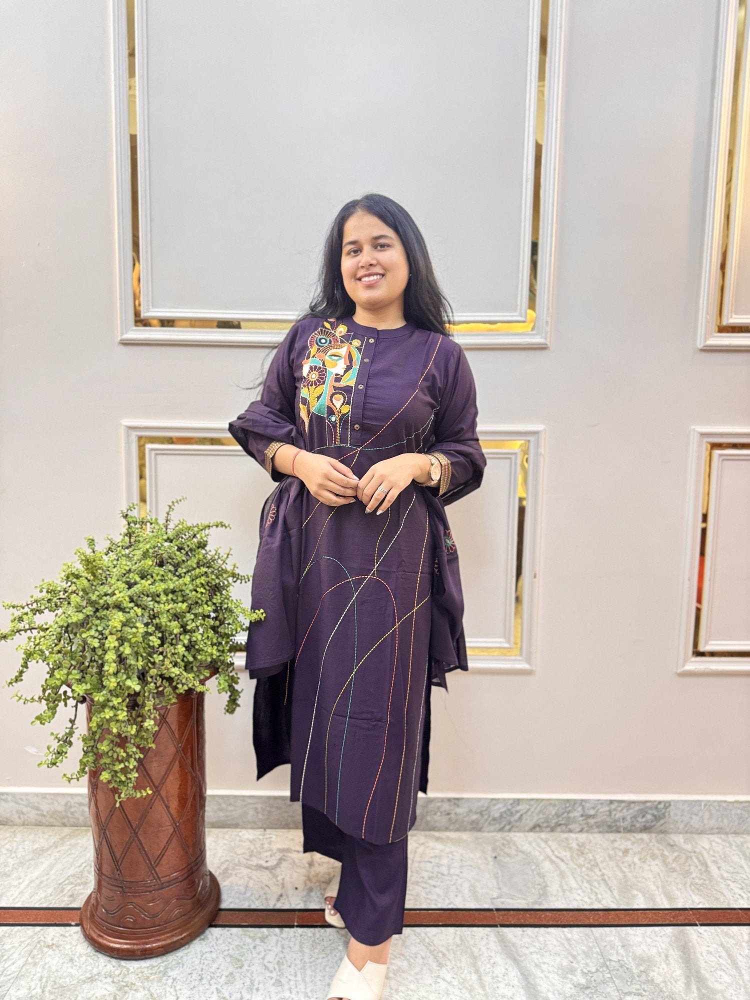 Off-White Self-Check Cotton Kurta Set with Dupatta - Brisora, view 2 of 8