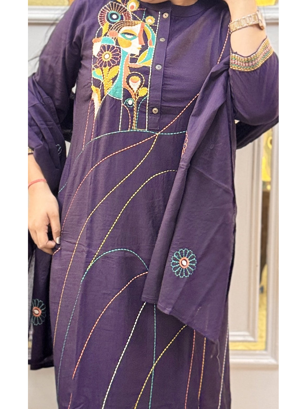 Off-White Self-Check Cotton Kurta Set with Dupatta - Brisora, view 3 of 8