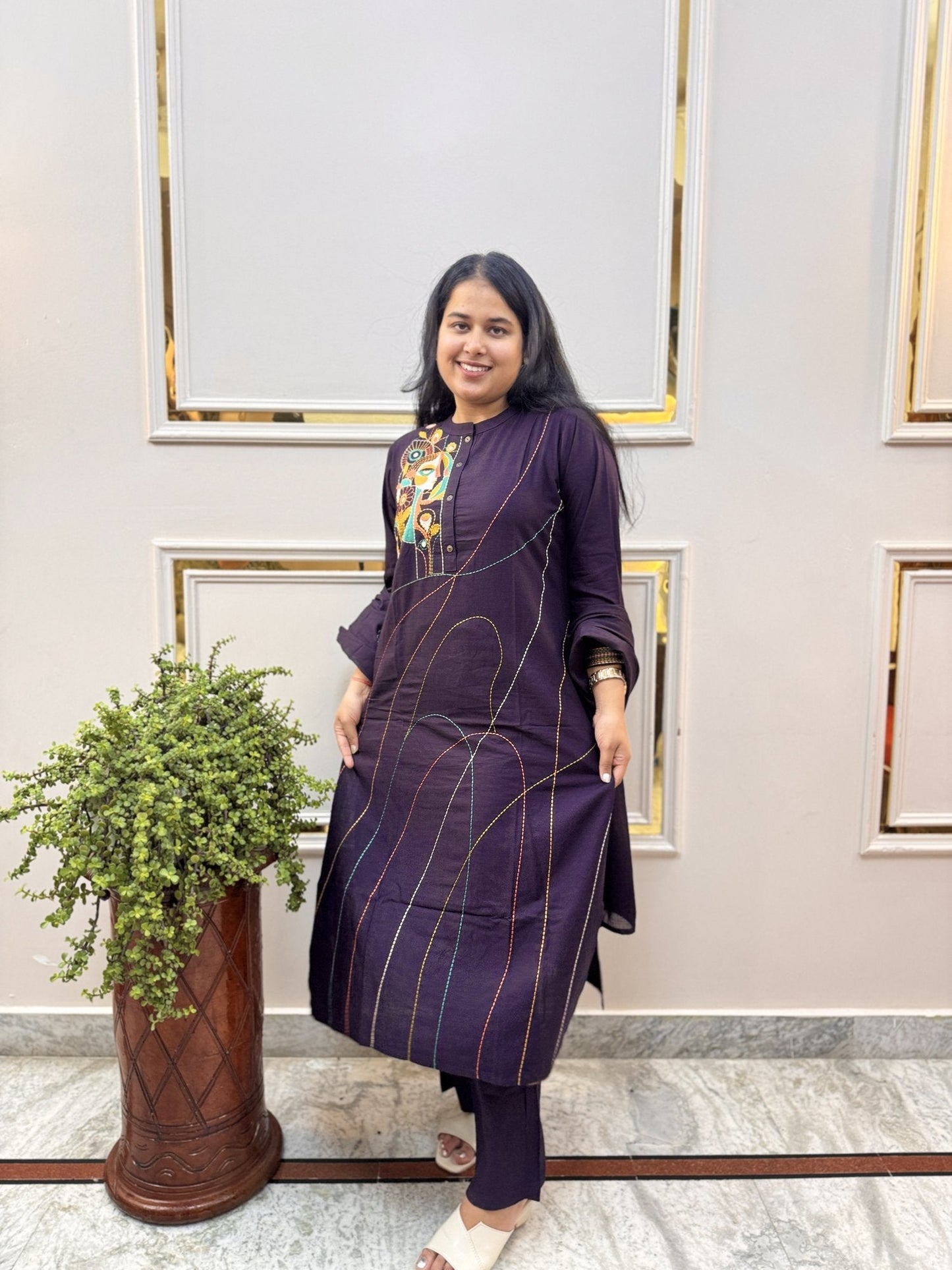 Off-White Self-Check Cotton Kurta Set with Dupatta - Brisora, view 4 of 8