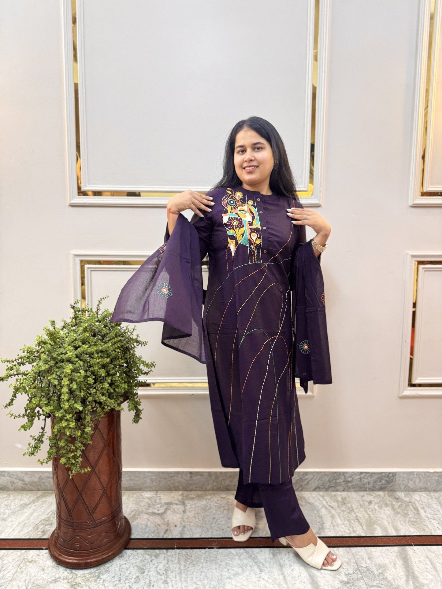 Off-White Self-Check Cotton Kurta Set with Dupatta - Brisora, view 5 of 8