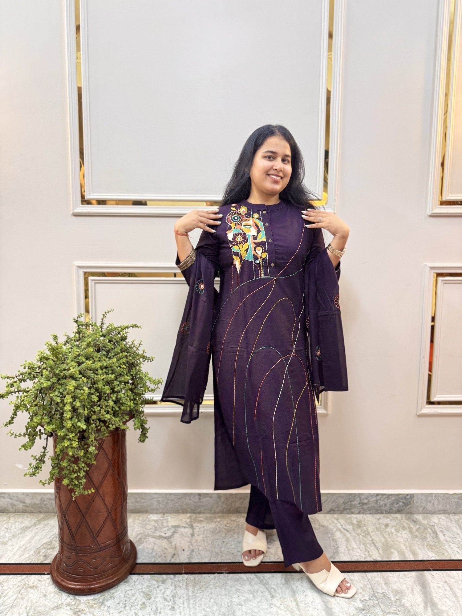 Off-White Self-Check Cotton Kurta Set with Dupatta - Brisora, view 6 of 8