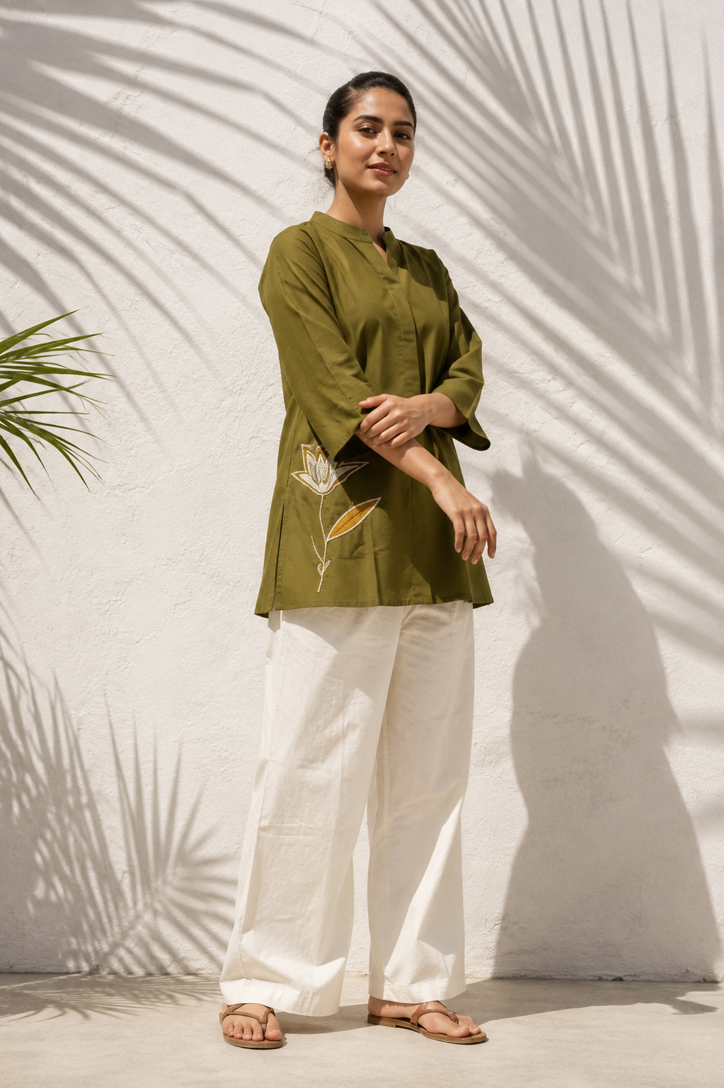 Olive Green Lotus Applique Kurti Set - view 1