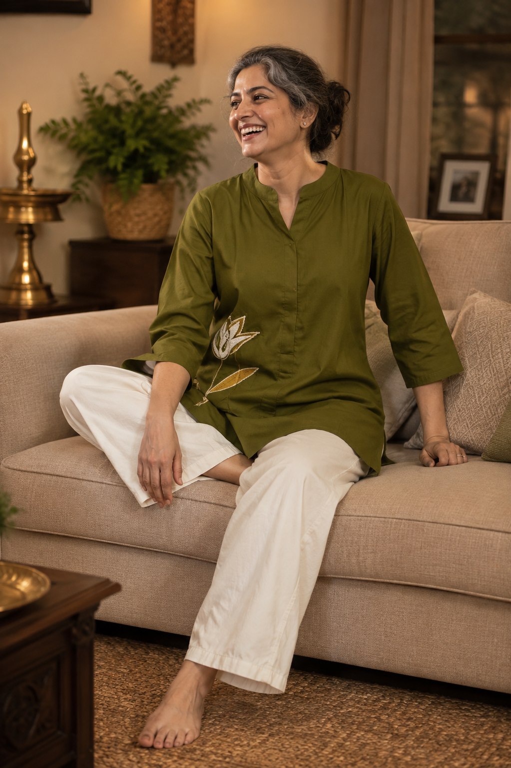 Olive Green Lotus Applique Kurti Set - view 2