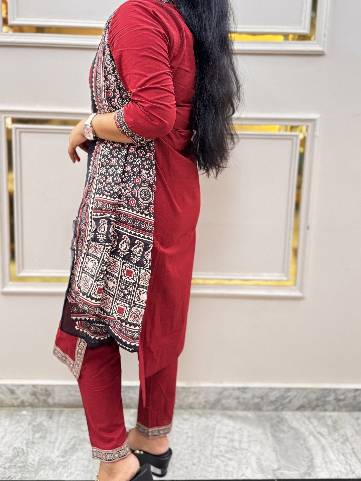Maroon Ajrakh Print Cotton Kurta Set with Dupatta - Brisora, view 2 of 7
