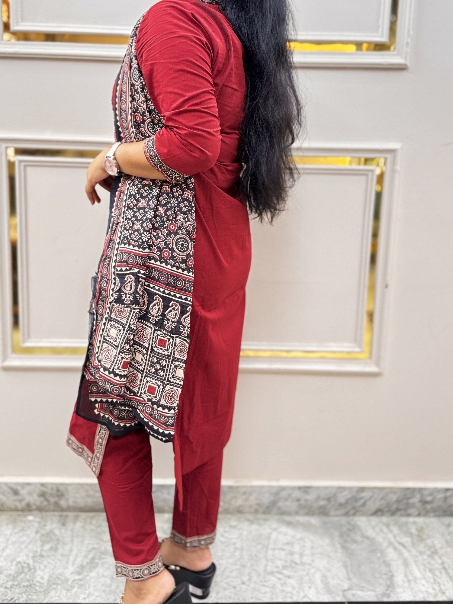Maroon Ajrakh Print Cotton Kurta Set with Dupatta - Brisora, view 2 of 7