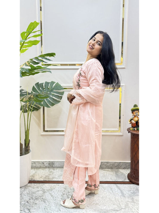 Peach Embroidered Kurta Set - Brisora, view 1 of 10