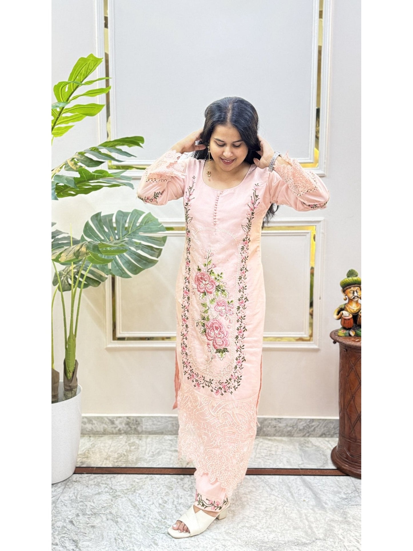 Peach Embroidered Kurta Set - Brisora, view 3 of 10