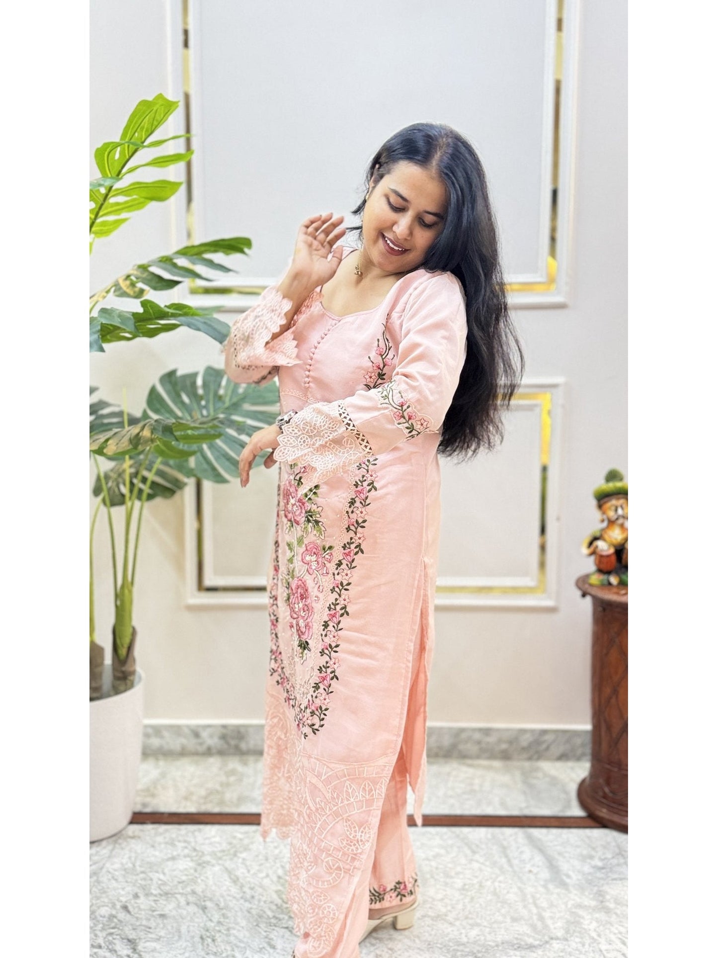 Peach Embroidered Kurta Set - Brisora, view 7 of 10