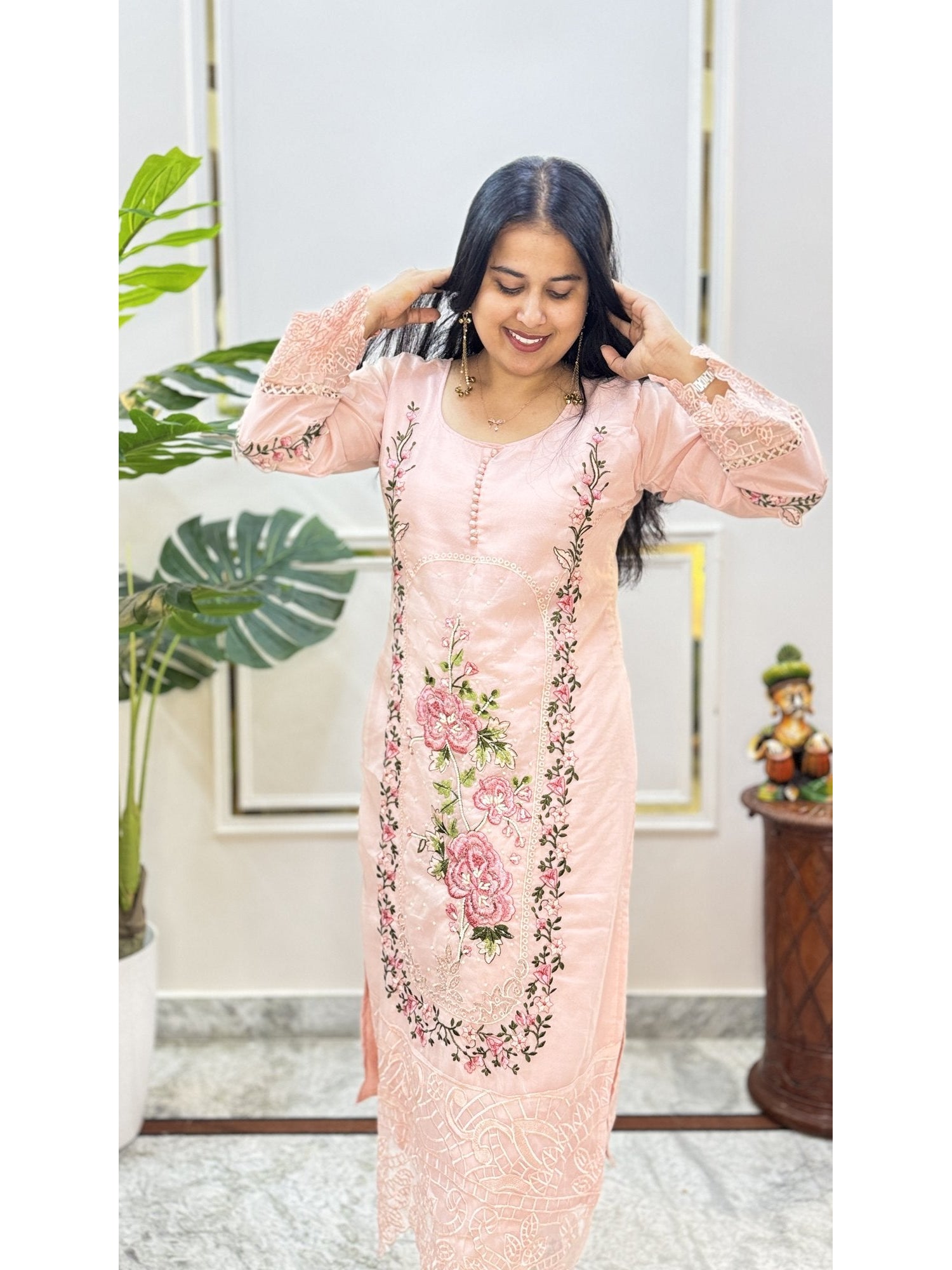 Peach Embroidered Kurta Set - Brisora, view 8 of 10