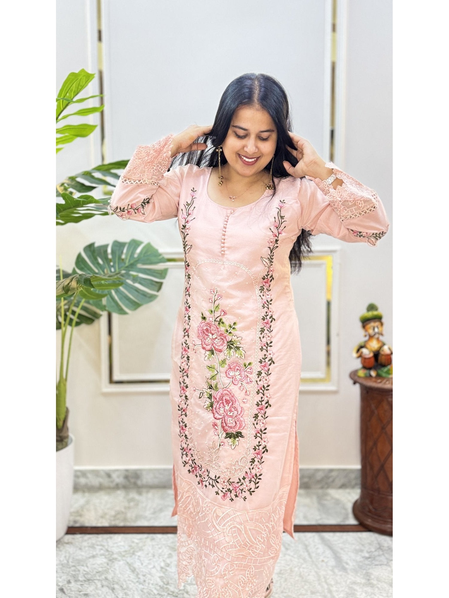 Peach Embroidered Kurta Set - Brisora, view 9 of 10