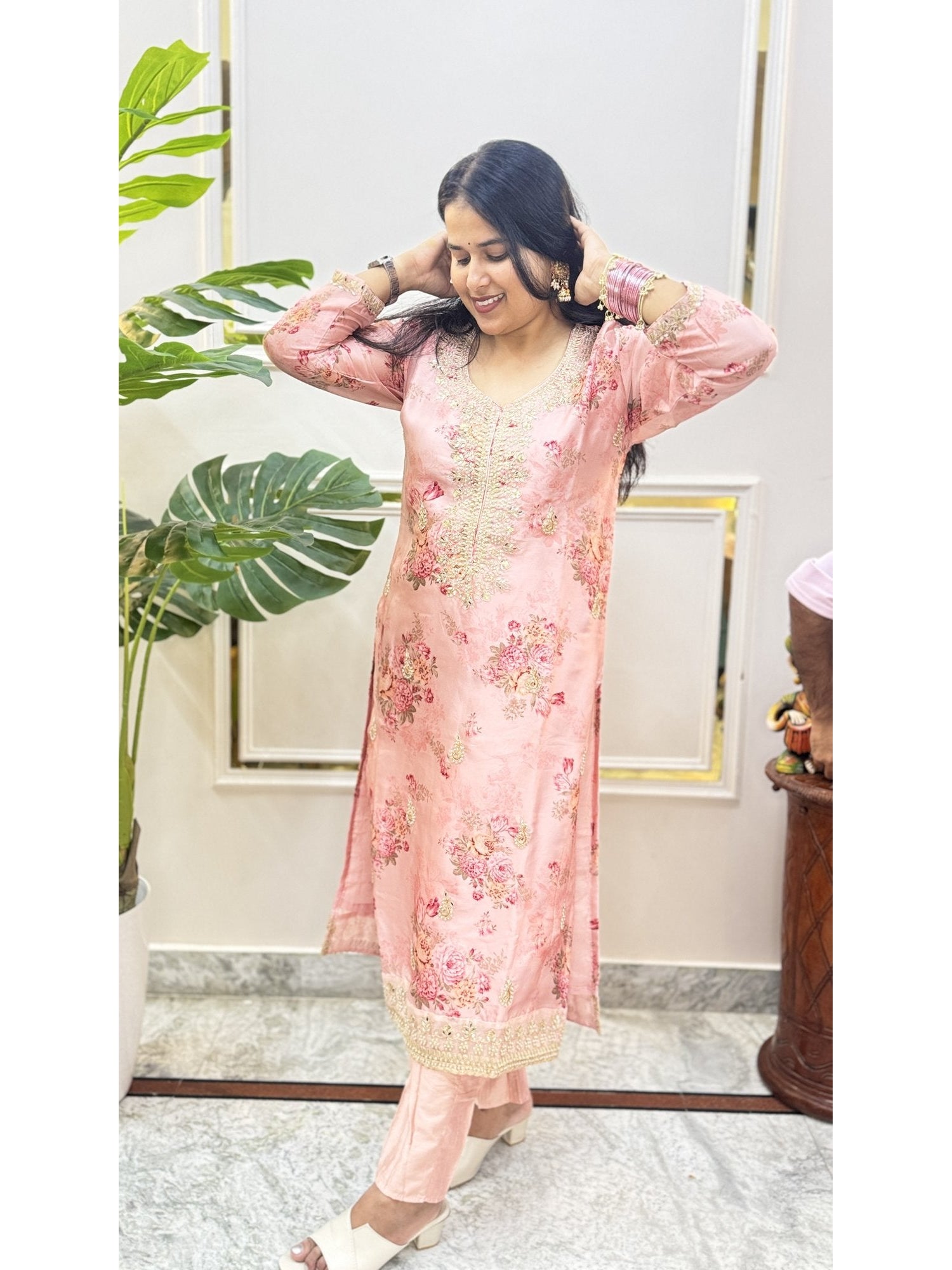 Peach Floral Print Kurta Set - Brisora, view 1 of 5
