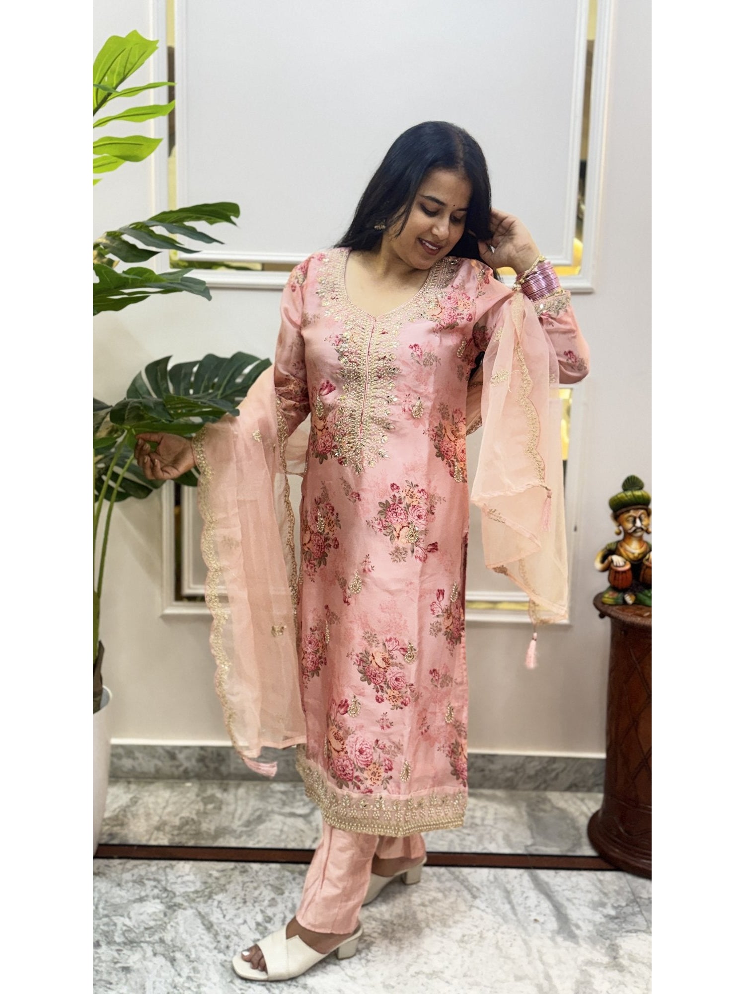 Peach Floral Print Kurta Set - Brisora, view 2 of 5