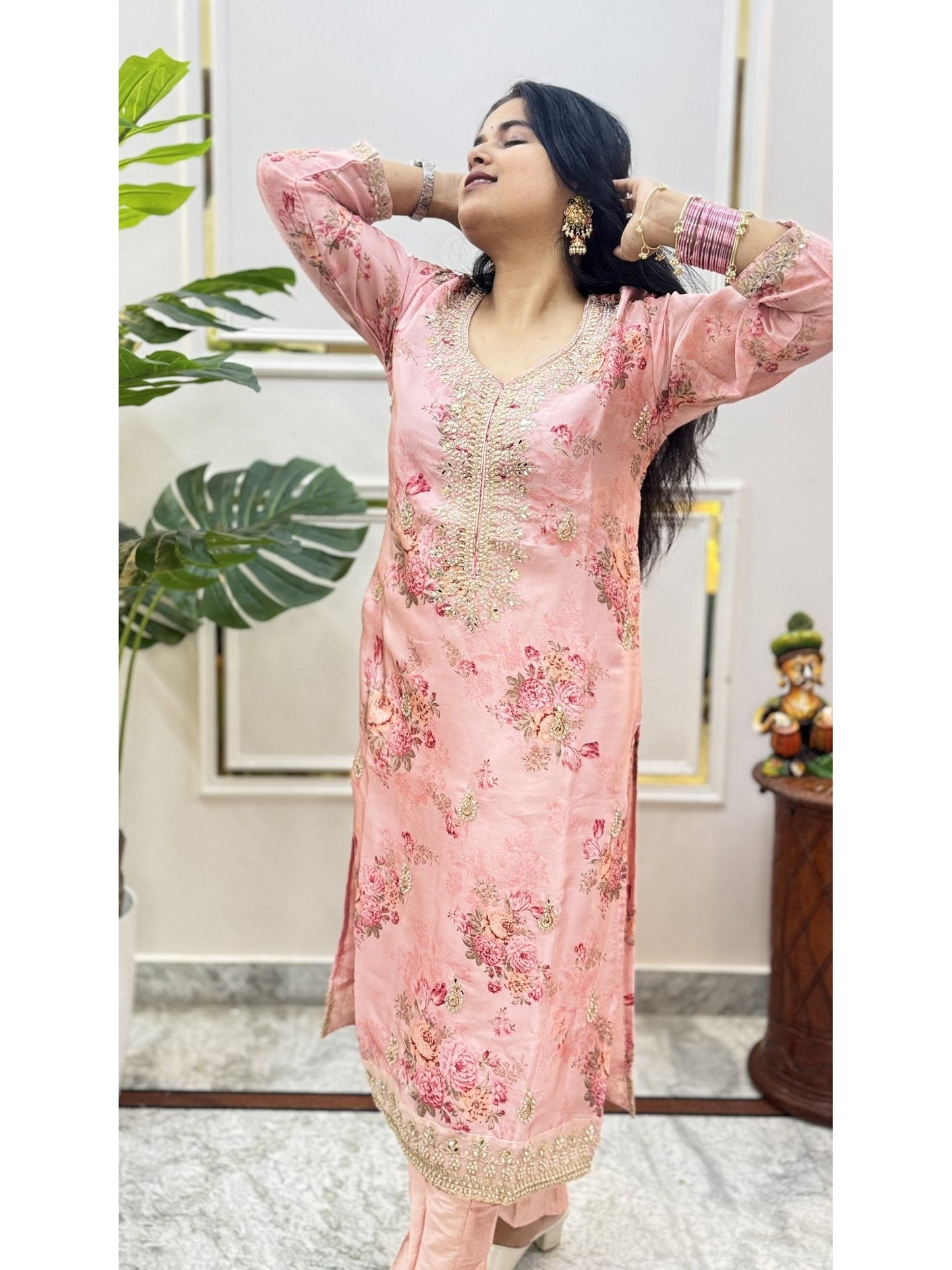 Peach Floral Print Kurta Set - Brisora, view 3 of 5