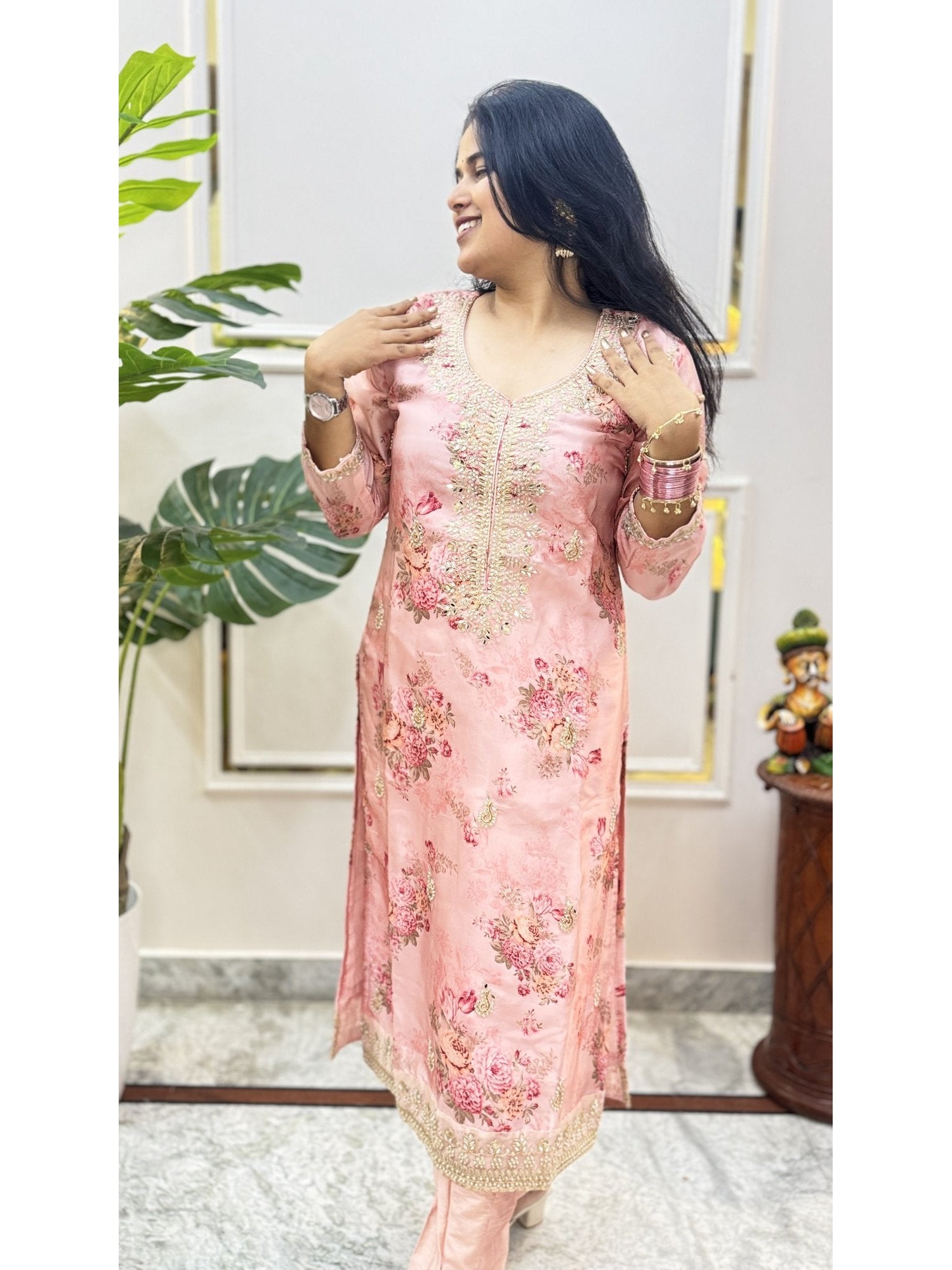 Peach Floral Print Kurta Set - Brisora, view 4 of 5