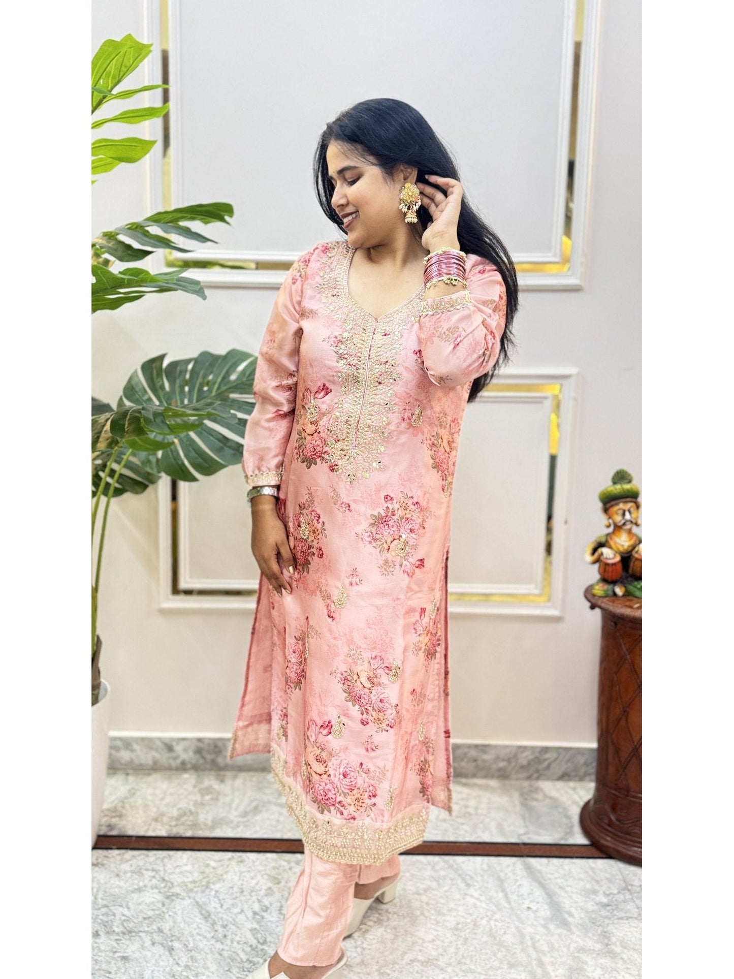 Peach Floral Print Kurta Set - Brisora, view 5 of 5