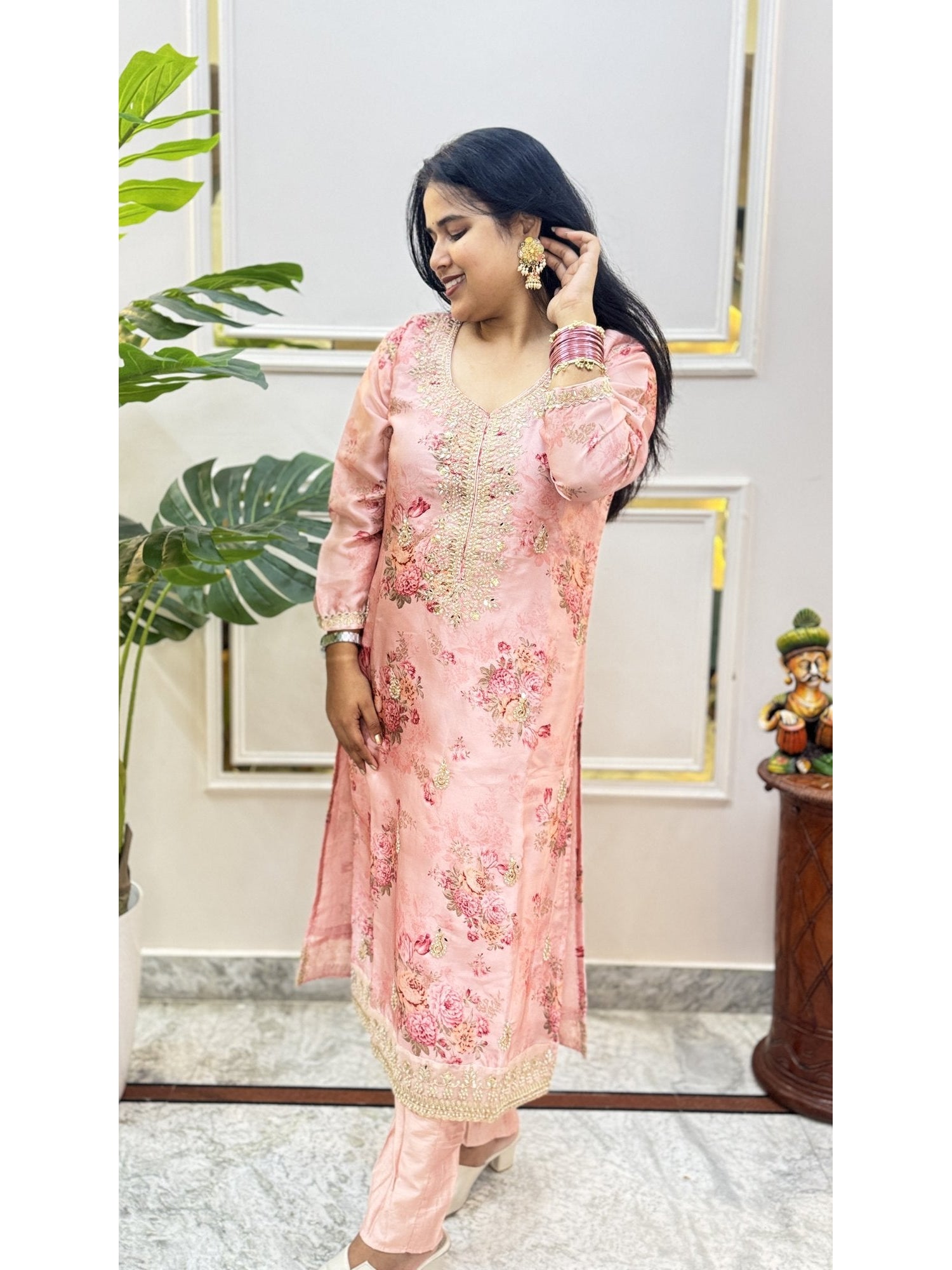 Peach Floral Print Kurta Set - Brisora, view 5 of 5