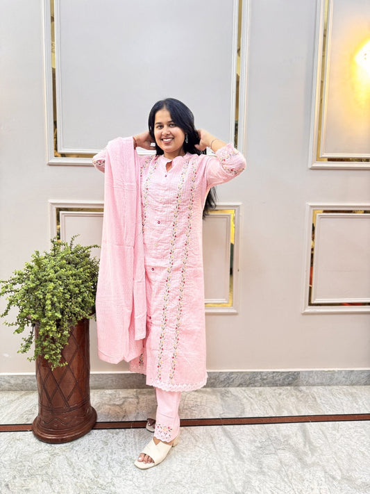 Pink Embroidered Cotton Kurta Set with Dupatta - Brisora, view 1 of 10