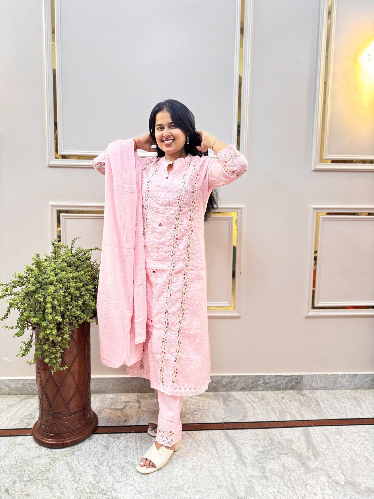 Pink Embroidered Cotton Kurta Set with Dupatta - Brisora, view 2 of 10