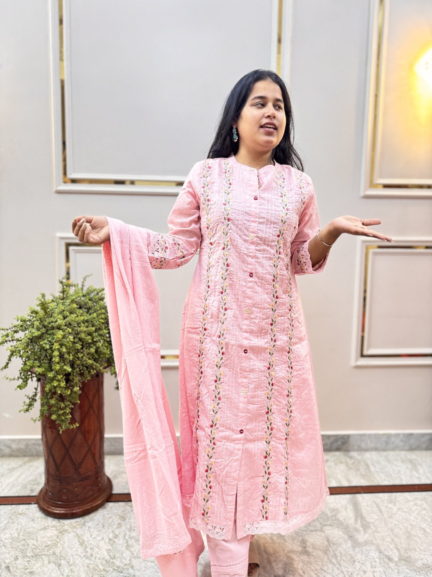 Pink Embroidered Cotton Kurta Set with Dupatta - Brisora, view 3 of 10