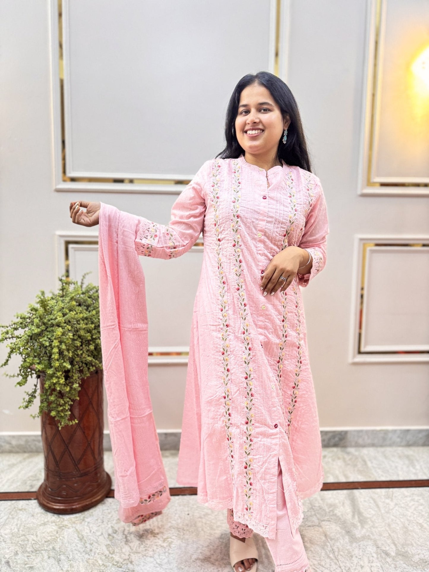 Pink Embroidered Cotton Kurta Set with Dupatta - Brisora, view 4 of 10