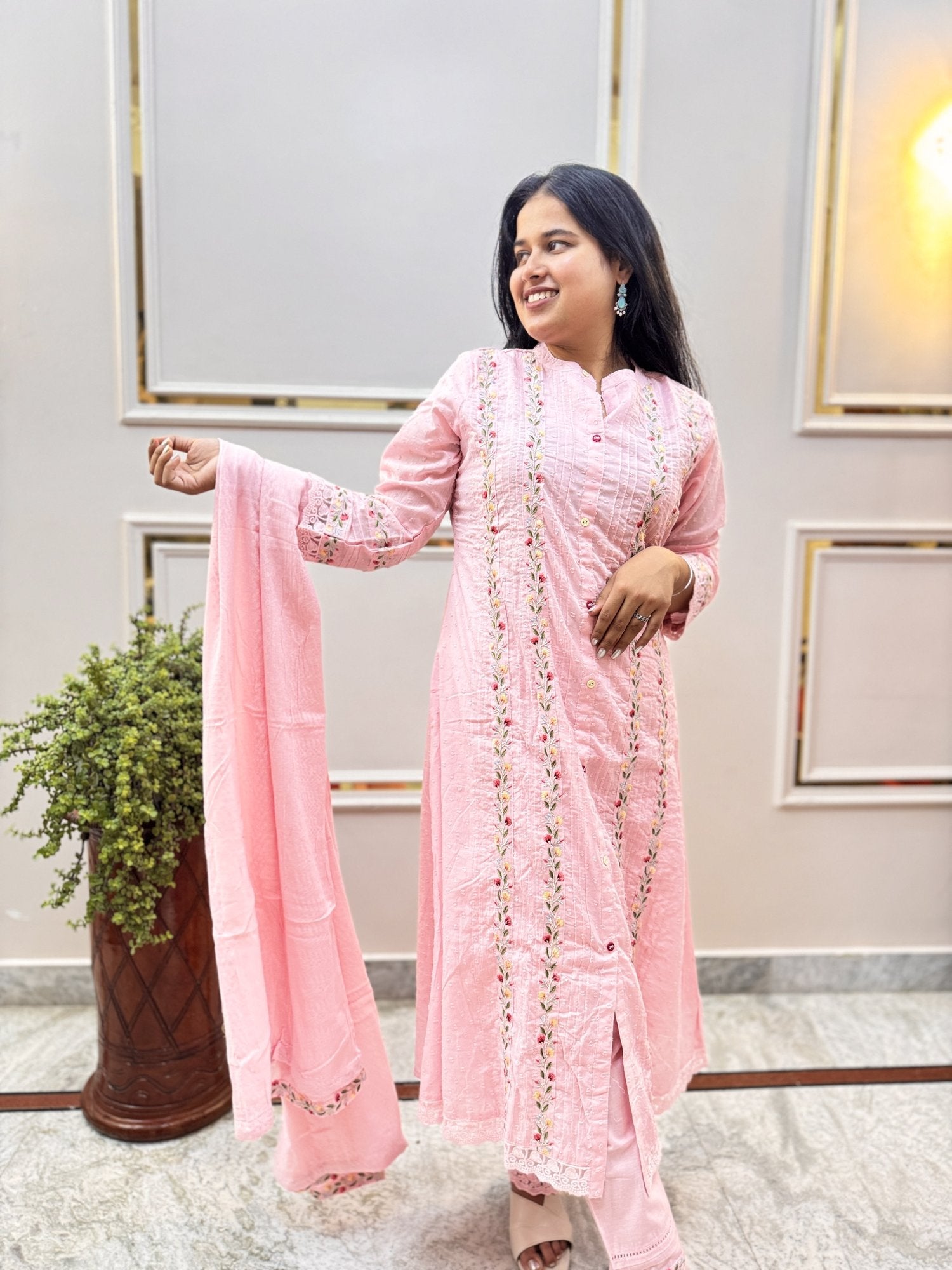 Pink Embroidered Cotton Kurta Set with Dupatta - Brisora, view 5 of 10