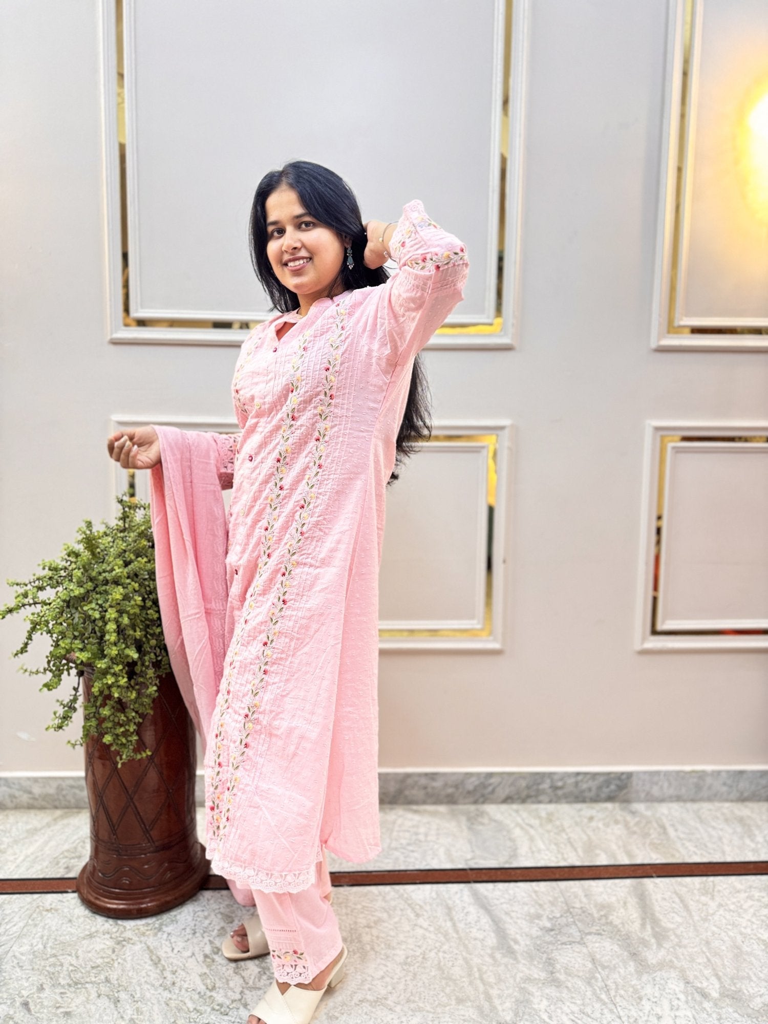 Pink Embroidered Cotton Kurta Set with Dupatta - Brisora, view 6 of 10