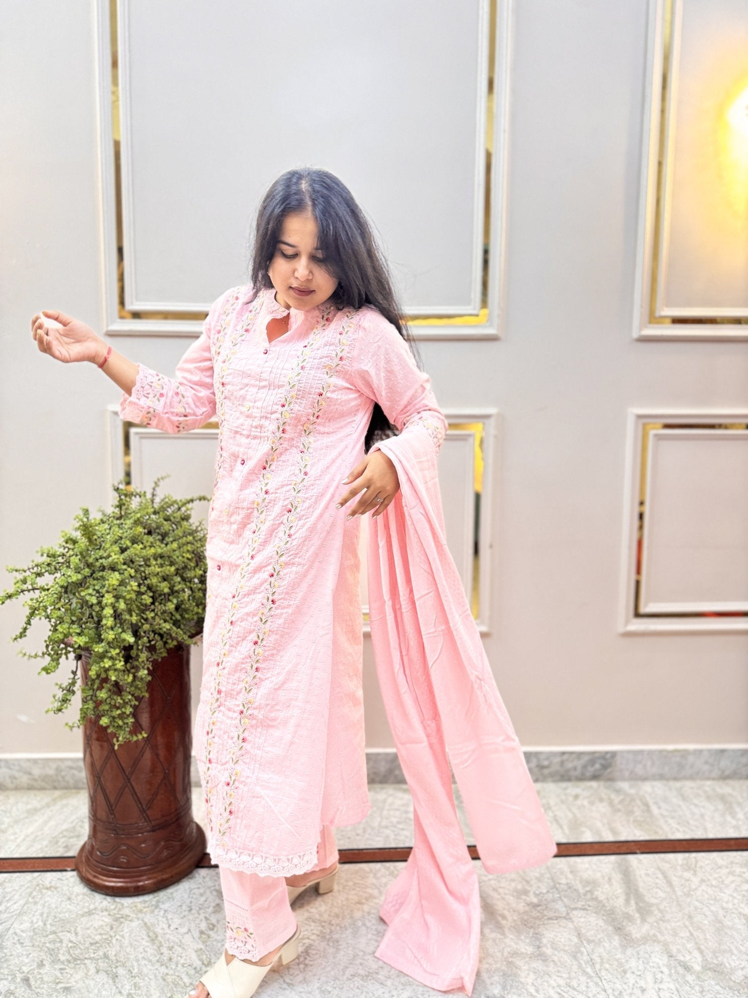 Pink Embroidered Cotton Kurta Set with Dupatta - Brisora, view 7 of 10