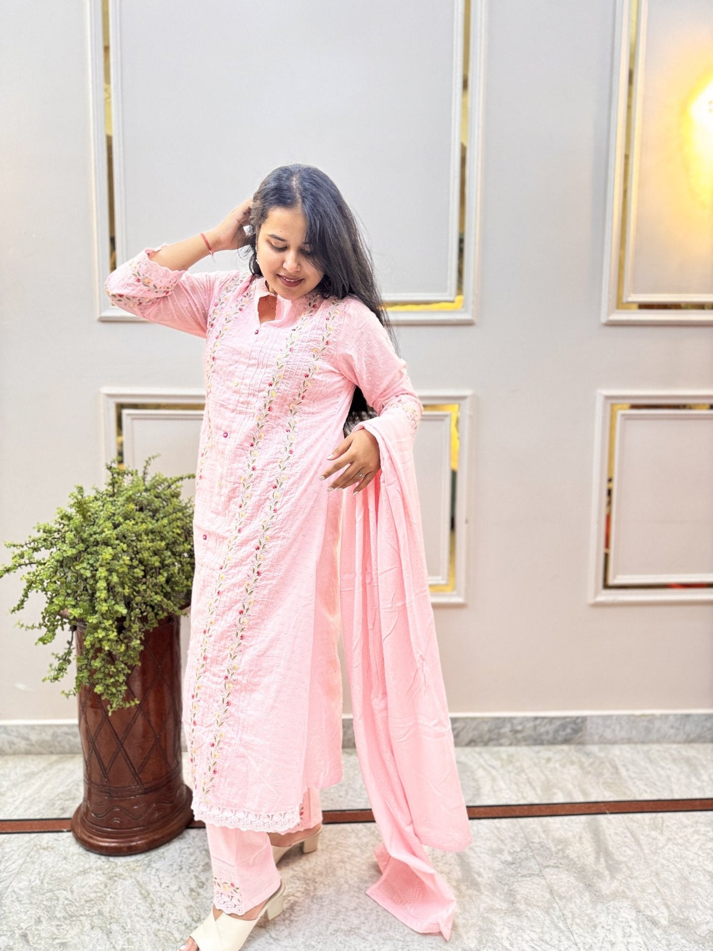 Pink Embroidered Cotton Kurta Set with Dupatta - Brisora, view 8 of 10