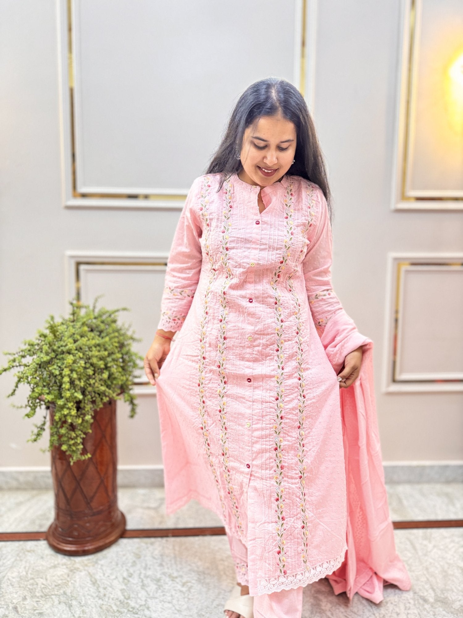 Pink Embroidered Cotton Kurta Set with Dupatta - Brisora, view 9 of 10
