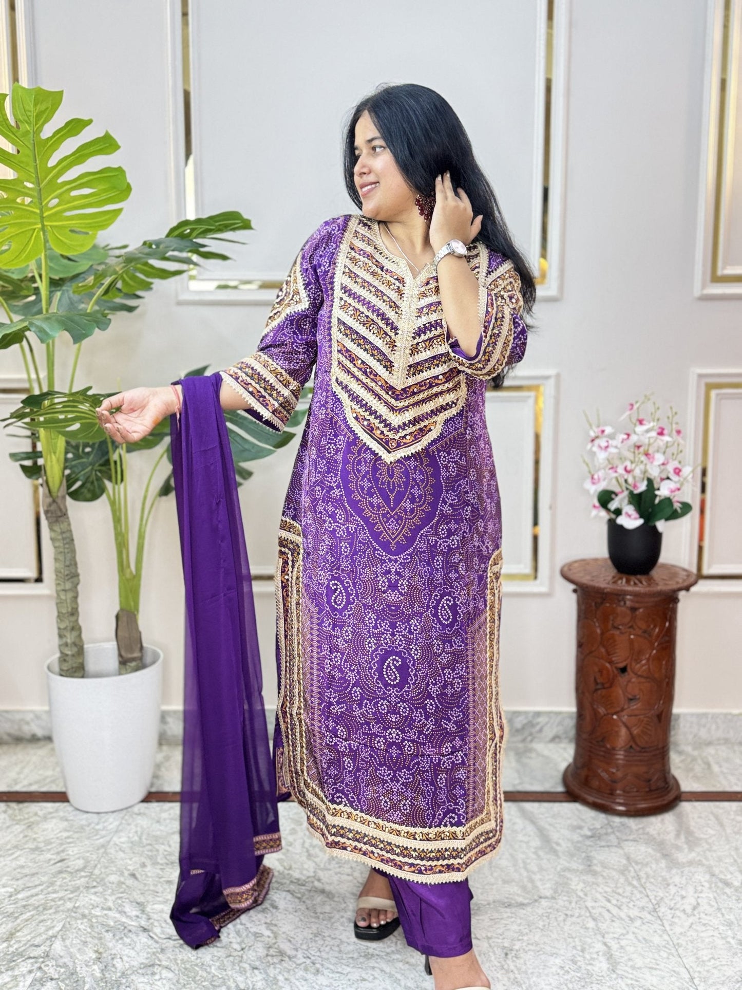 Purple Bandhani Print Kurta Set with Chiffon Dupatta - Brisora, view 2 of 8