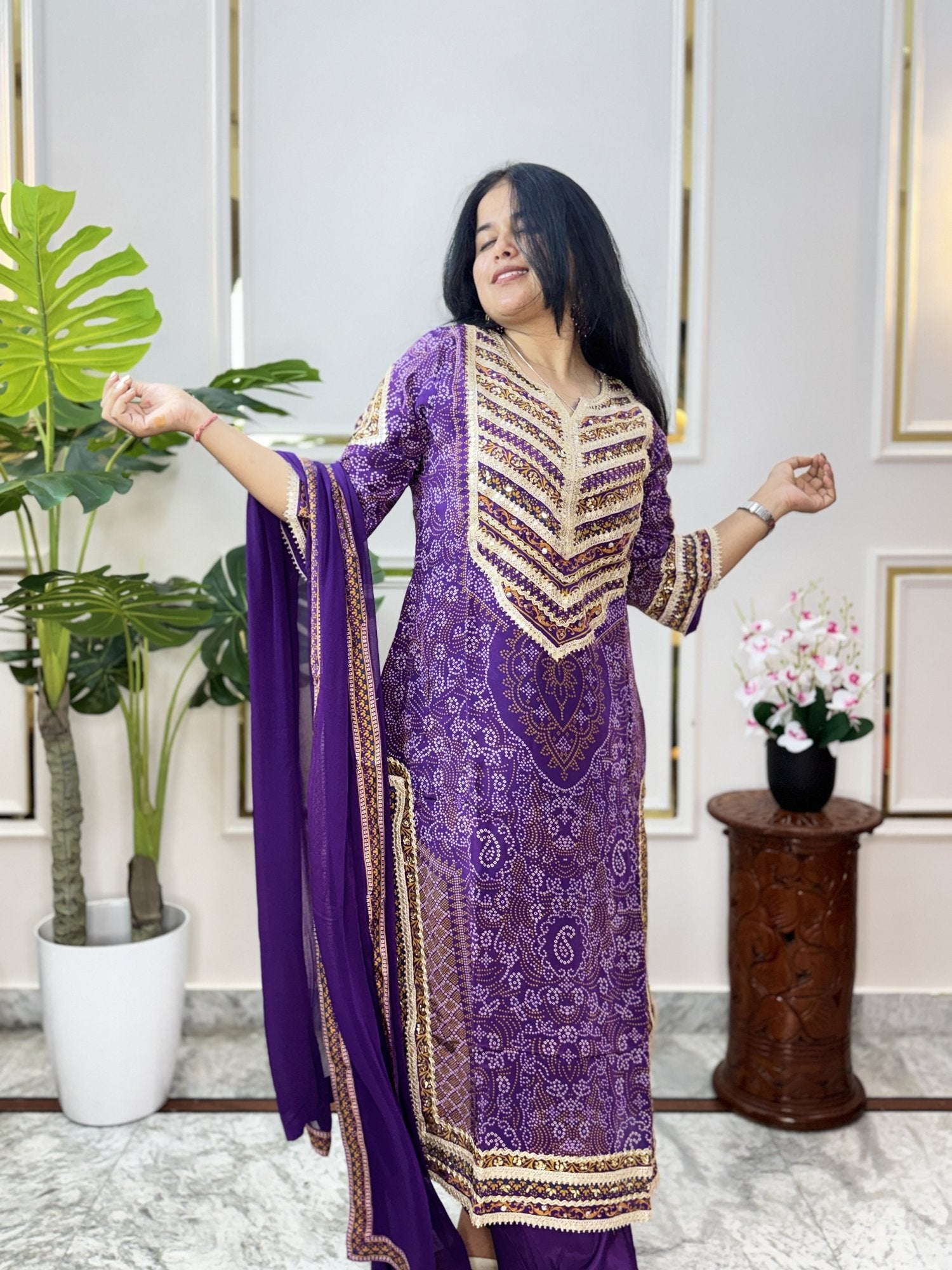 Purple Bandhani Print Kurta Set with Chiffon Dupatta - Brisora, view 3 of 8