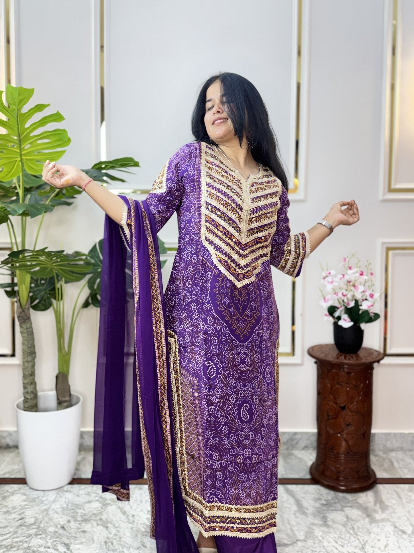 Purple Bandhani Print Kurta Set with Chiffon Dupatta - Brisora, view 4 of 8