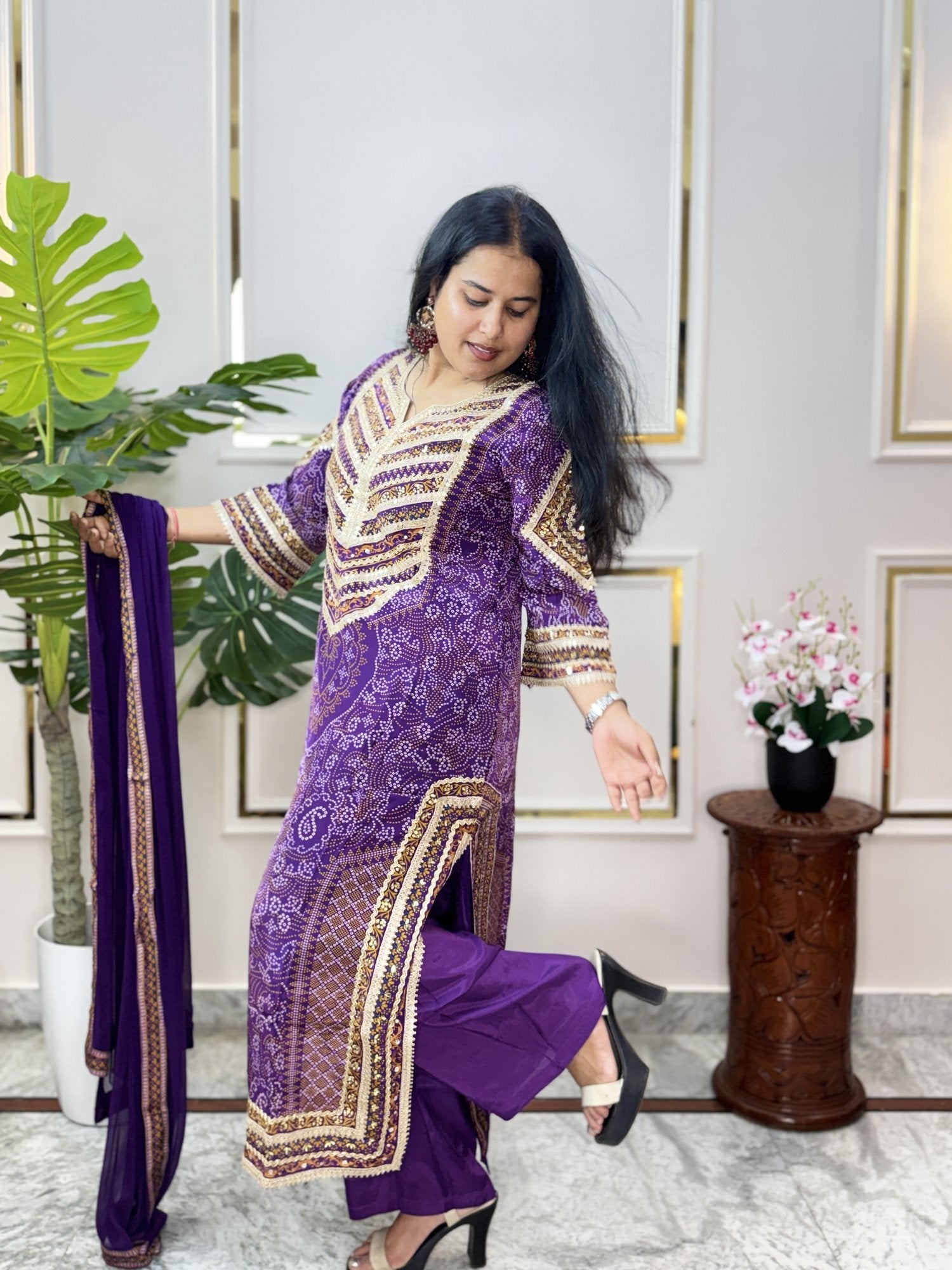 Purple Bandhani Print Kurta Set with Chiffon Dupatta - Brisora, view 5 of 8