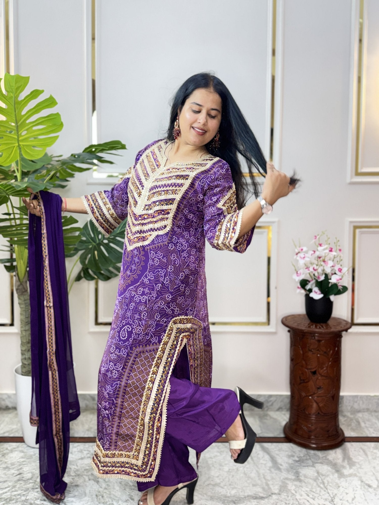 Purple Bandhani Print Kurta Set with Chiffon Dupatta - Brisora, view 6 of 8