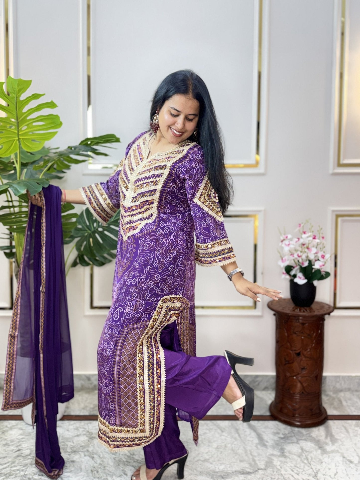 Purple Bandhani Print Kurta Set with Chiffon Dupatta - Brisora, view 7 of 8