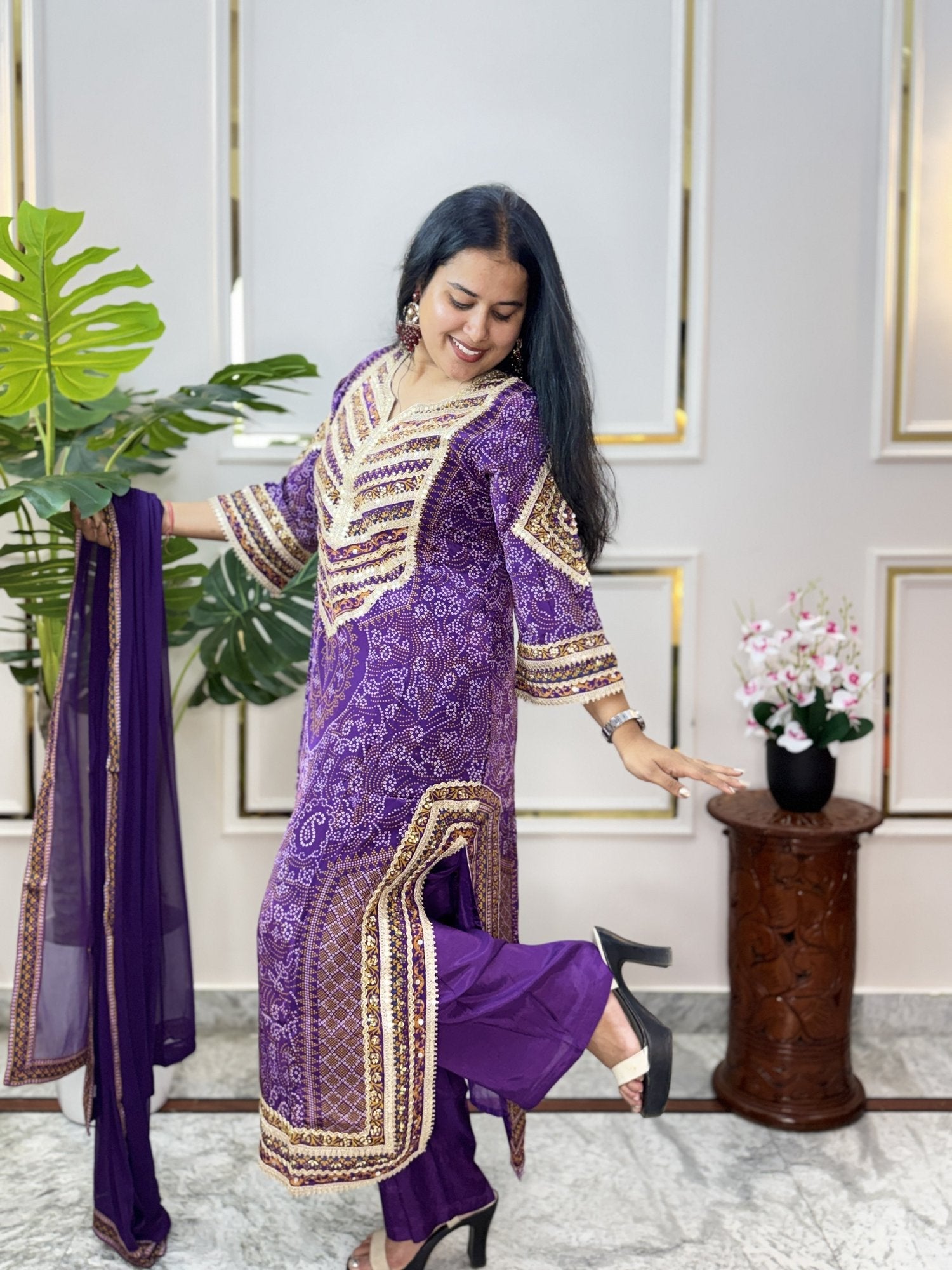 Purple Bandhani Print Kurta Set with Chiffon Dupatta - Brisora, view 7 of 8