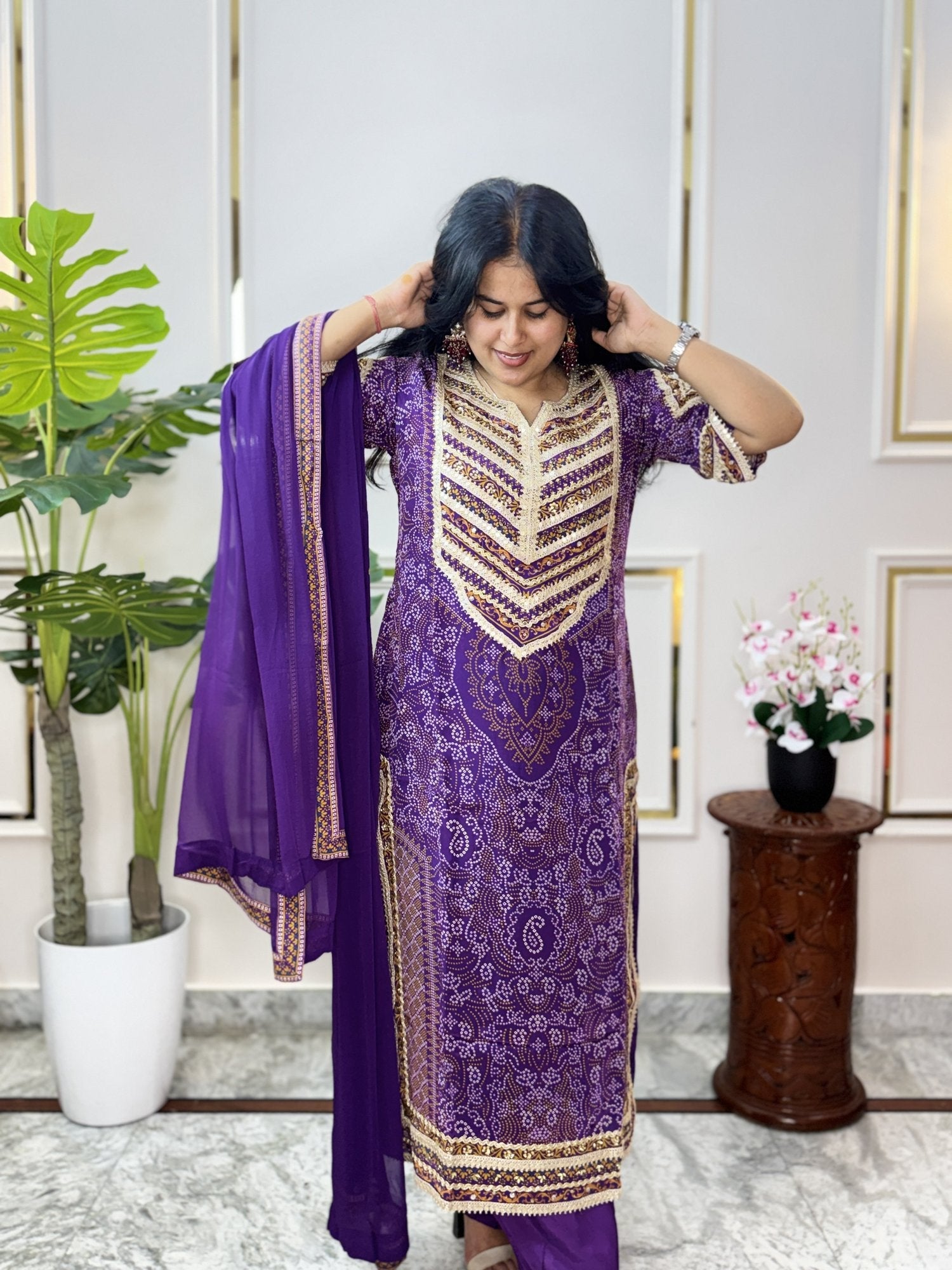 Purple Bandhani Print Kurta Set with Chiffon Dupatta - Brisora, view 8 of 8