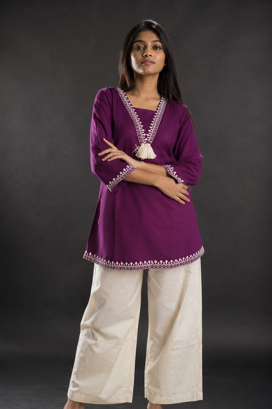 Purple Embroidered Border Kurti Set - view 1